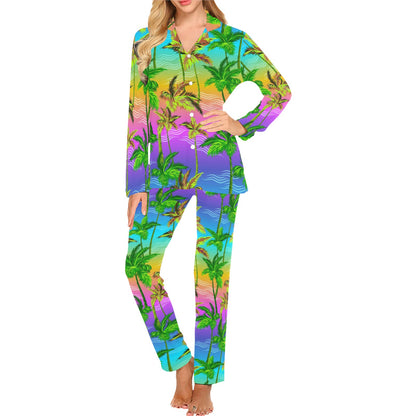 Palm Tree Rainbow Pattern Women's Long Pajama Set