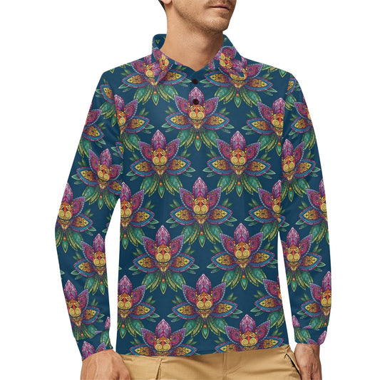 lotus Boho Pattern Print Design LO04 Long Sleeve Polo Shirt For Men's