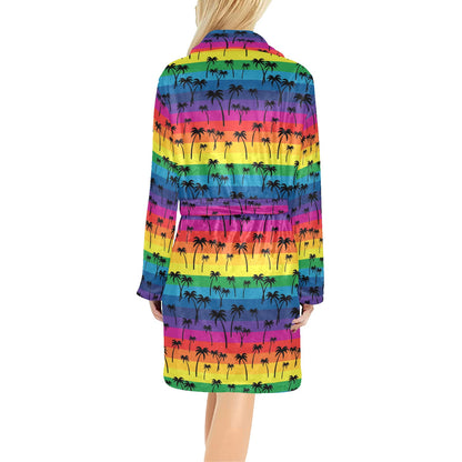 Palm Tree Rainbow Themed Print Women's Fleece Robe