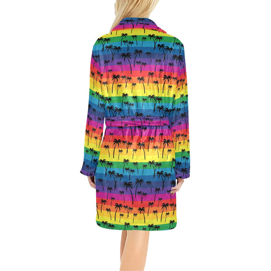 Palm Tree Rainbow Themed Print Women's Fleece Robe