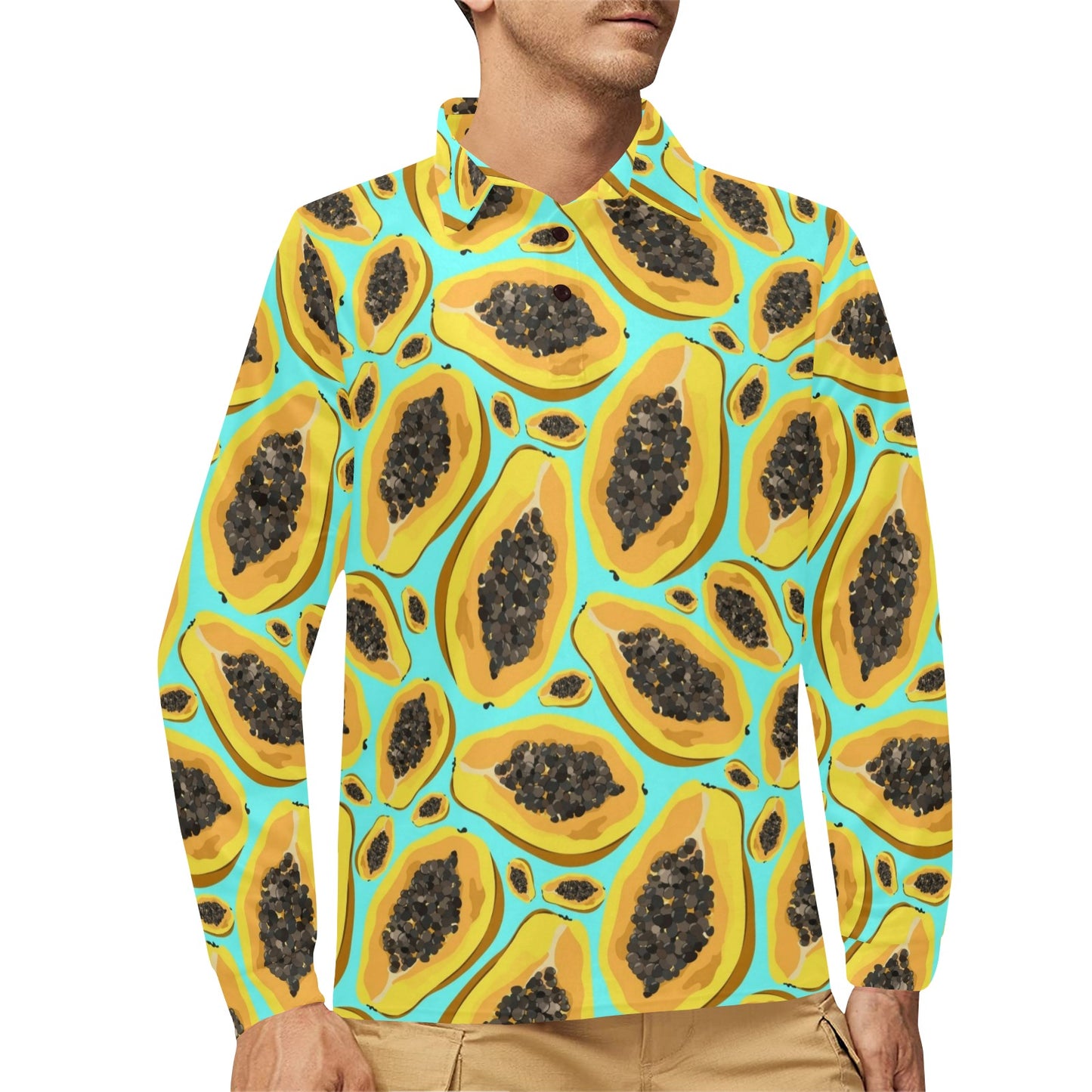 Papaya Pattern Print Design PP03 Long Sleeve Polo Shirt For Men's