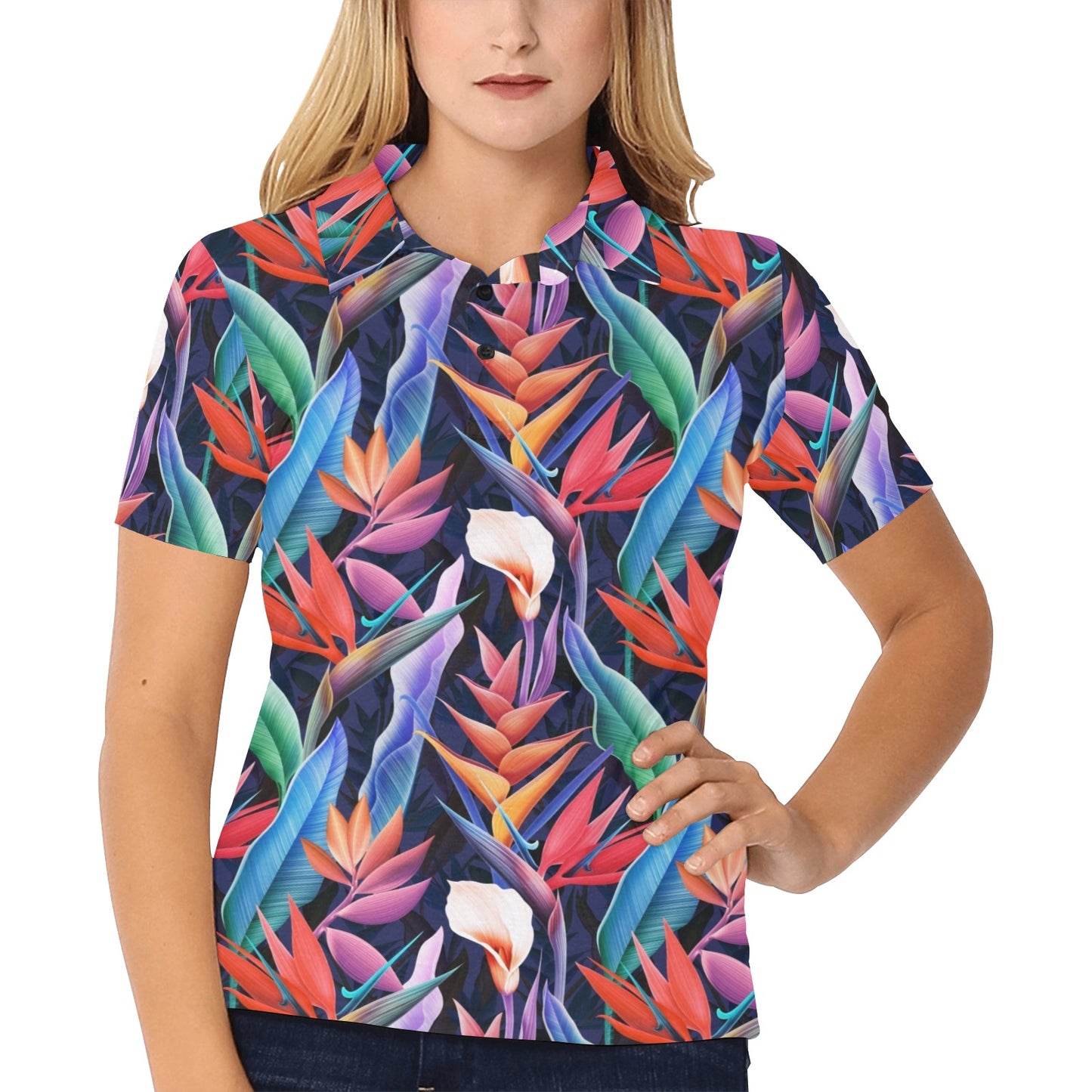 Tropical Flower Pattern Print Design TF023 Women's Polo Shirt