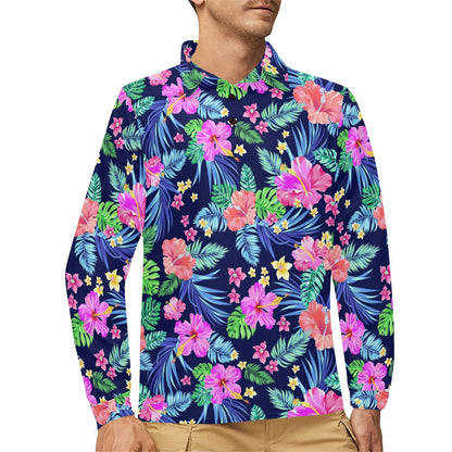 Neon Hibiscus Pattern Print Design HB016 Long Sleeve Polo Shirt For Men's