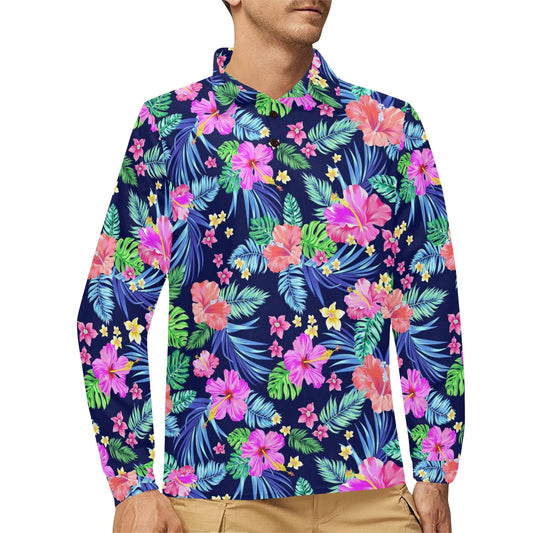 Neon Hibiscus Pattern Print Design HB016 Long Sleeve Polo Shirt For Men's
