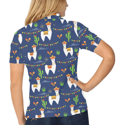 Llama Cactus Pattern Print Design 05 Women's Polo Shirt