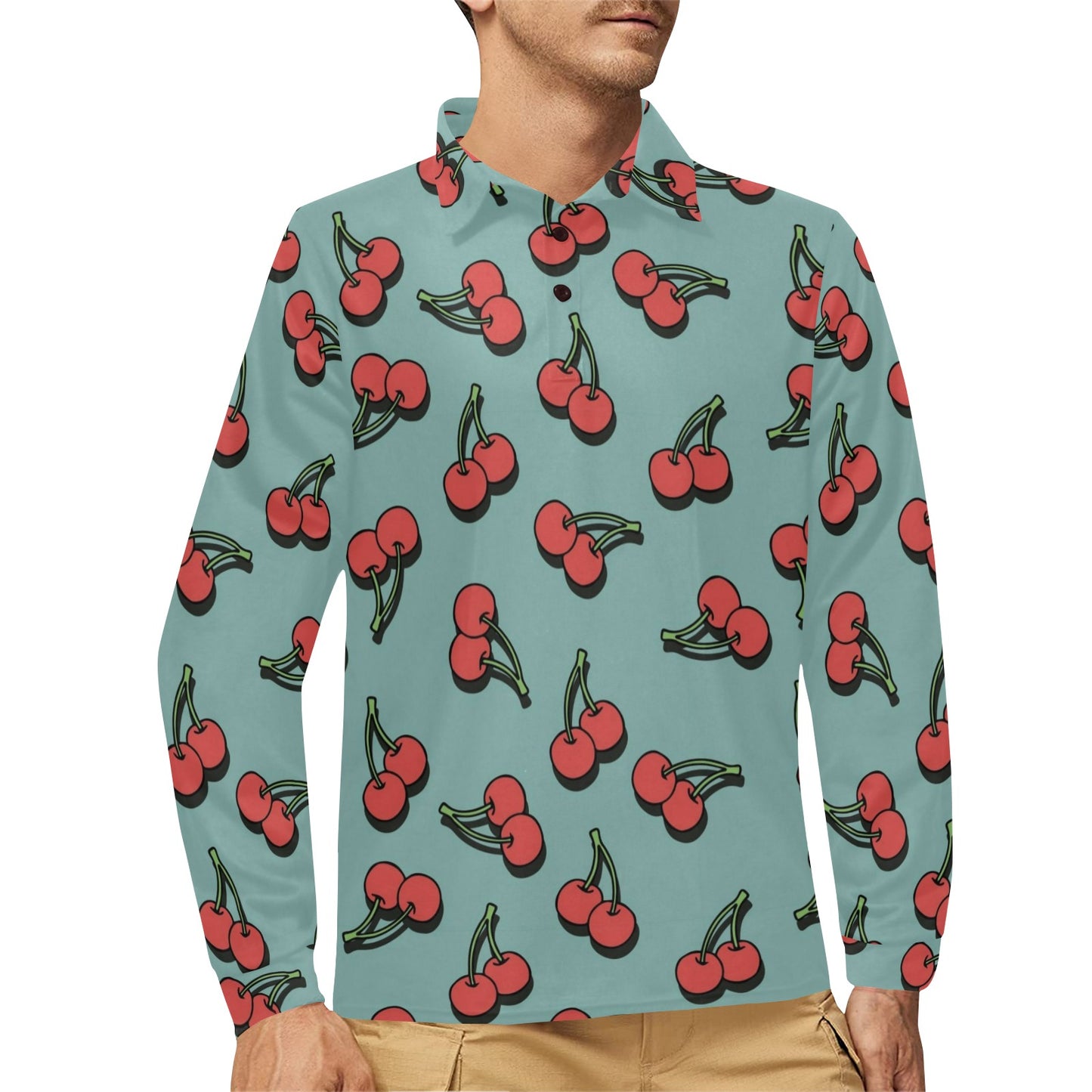 Cherry Pattern Print Design CH03 Long Sleeve Polo Shirt For Men's