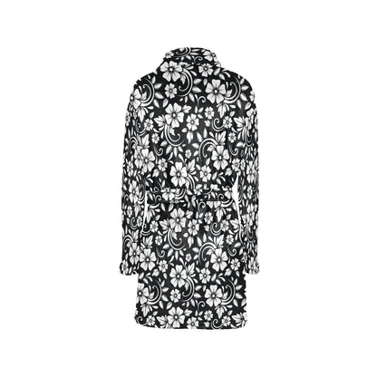 Floral Black White Themed Print Women's Fleece Robe