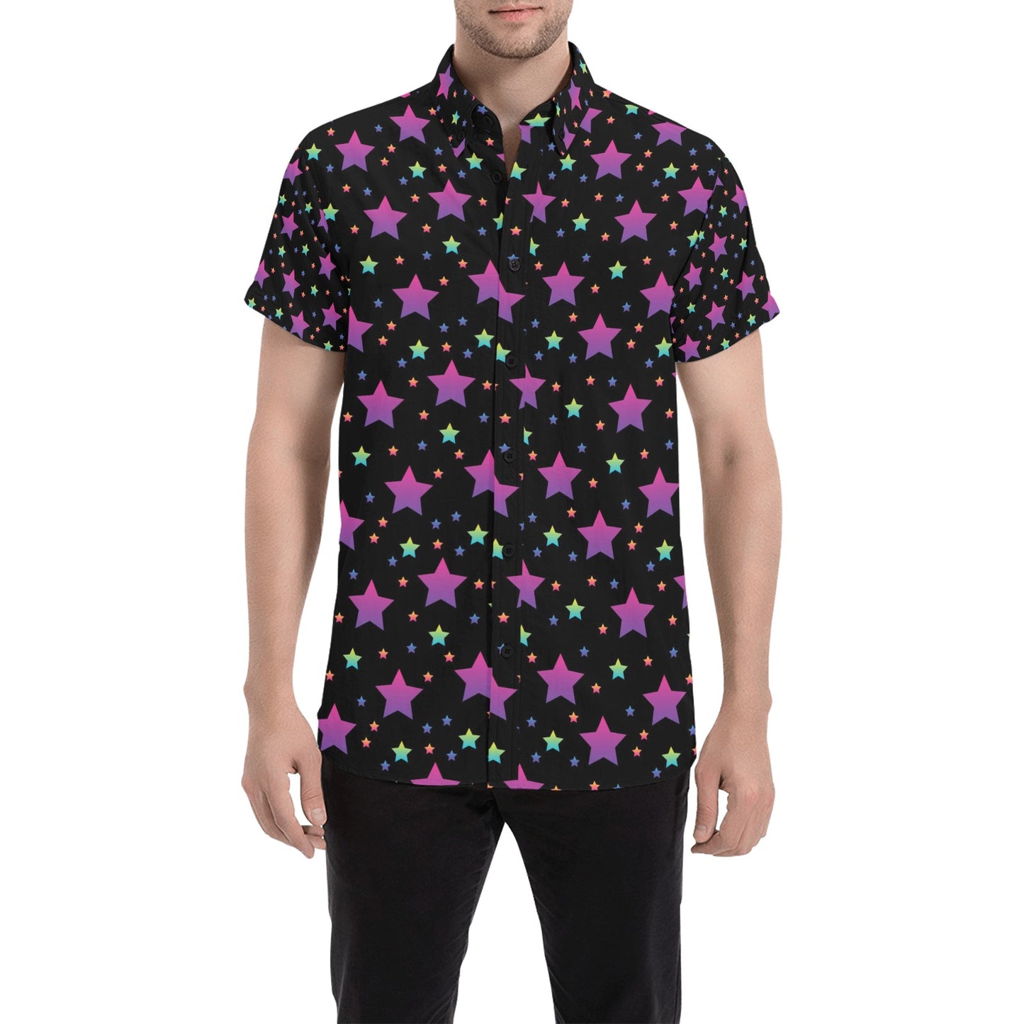 Star Print Design LKS305 Men Short Sleeve Button Up Shirt