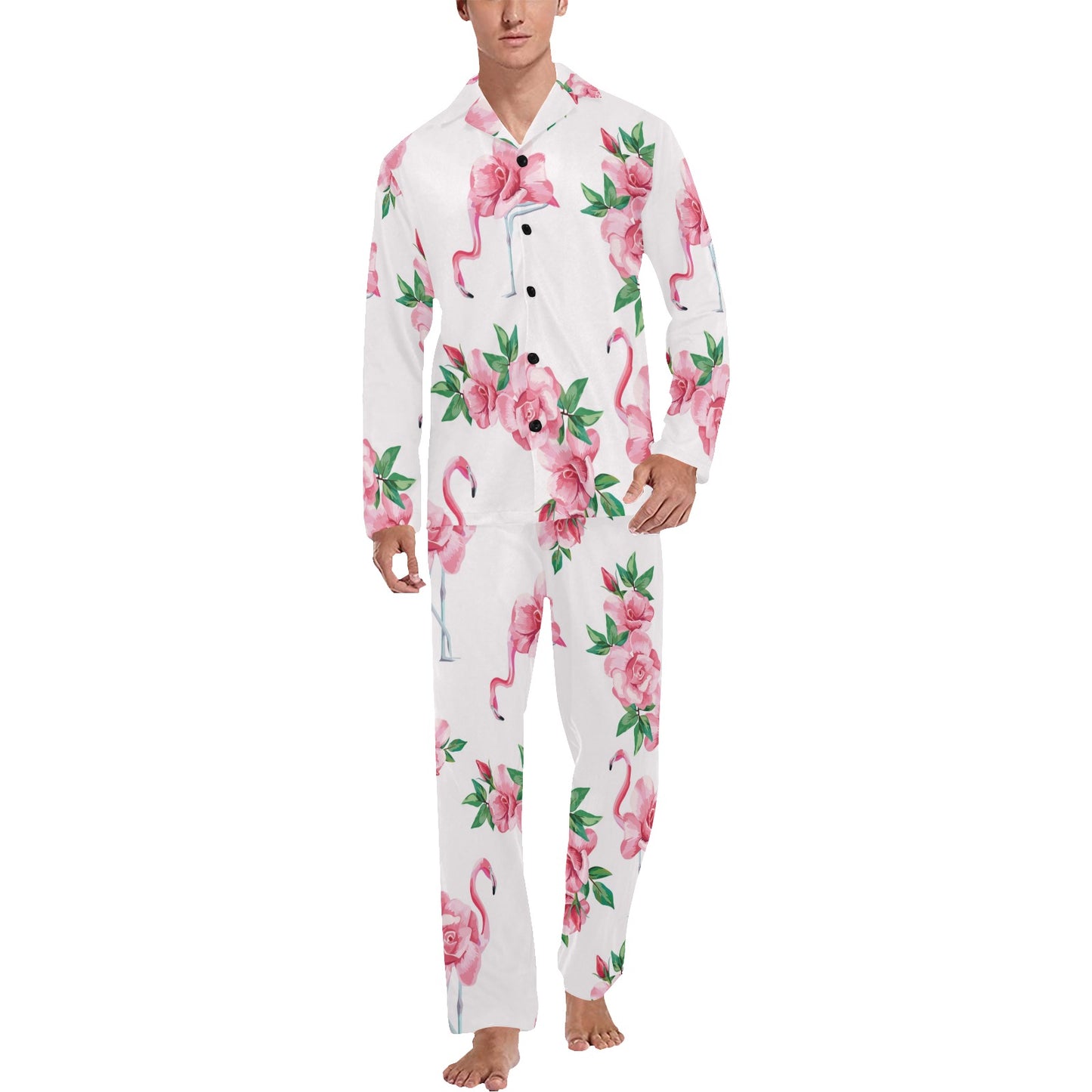 Flamingo Rose Pattern Men's Long Pajama Set