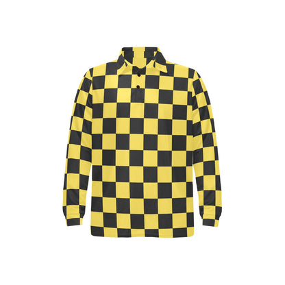 Checkered Yellow Pattern Print Design 03 Long Sleeve Polo Shirt For Men's