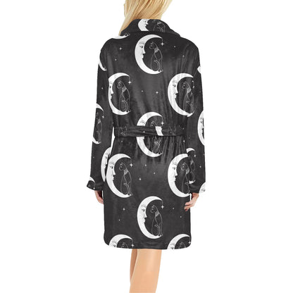 Moon with Cat Pattern Print Design 04 Women's Fleece Robe