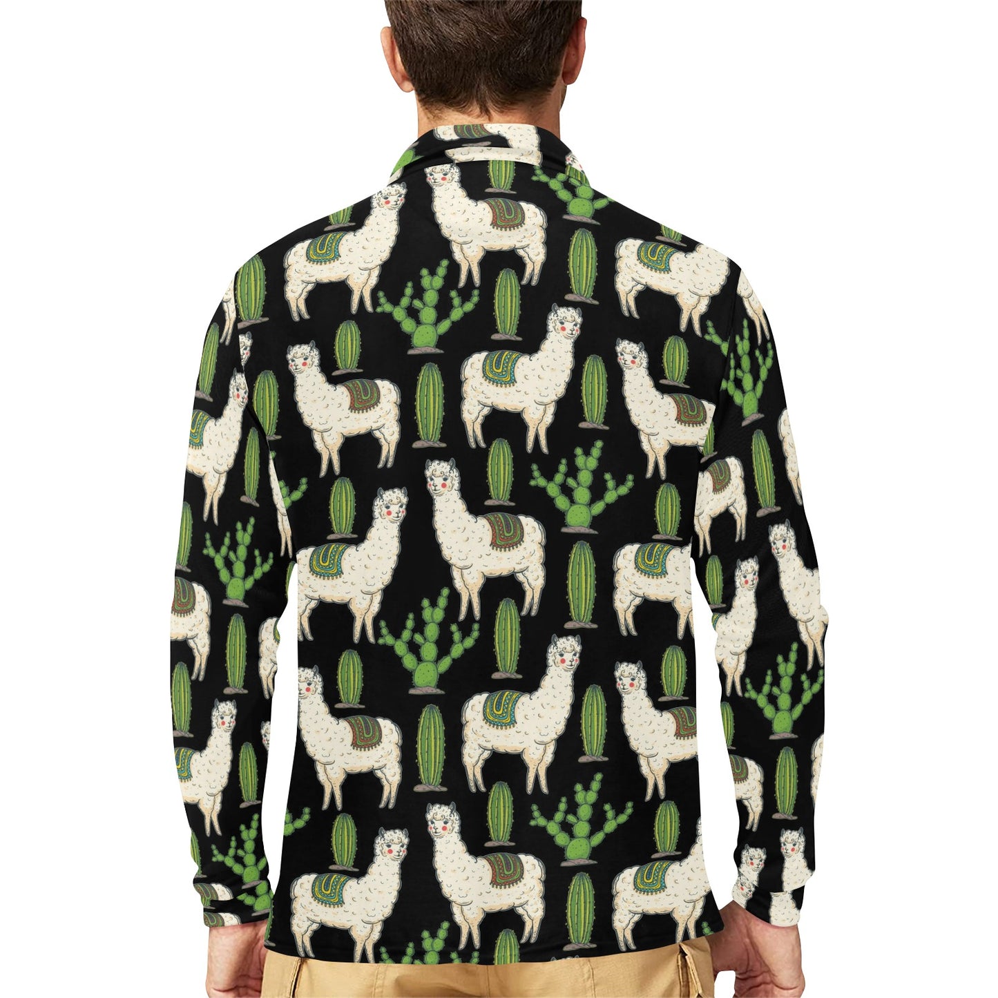 Llama Cactus Pattern Print Design 011 Long Sleeve Polo Shirt For Men's