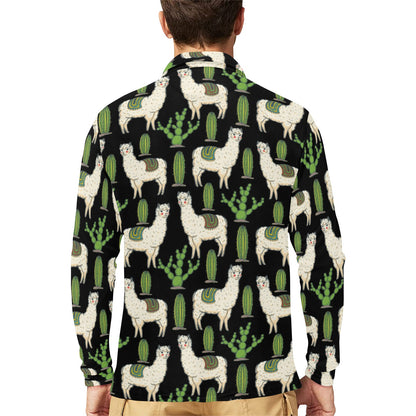 Llama Cactus Pattern Print Design 011 Long Sleeve Polo Shirt For Men's