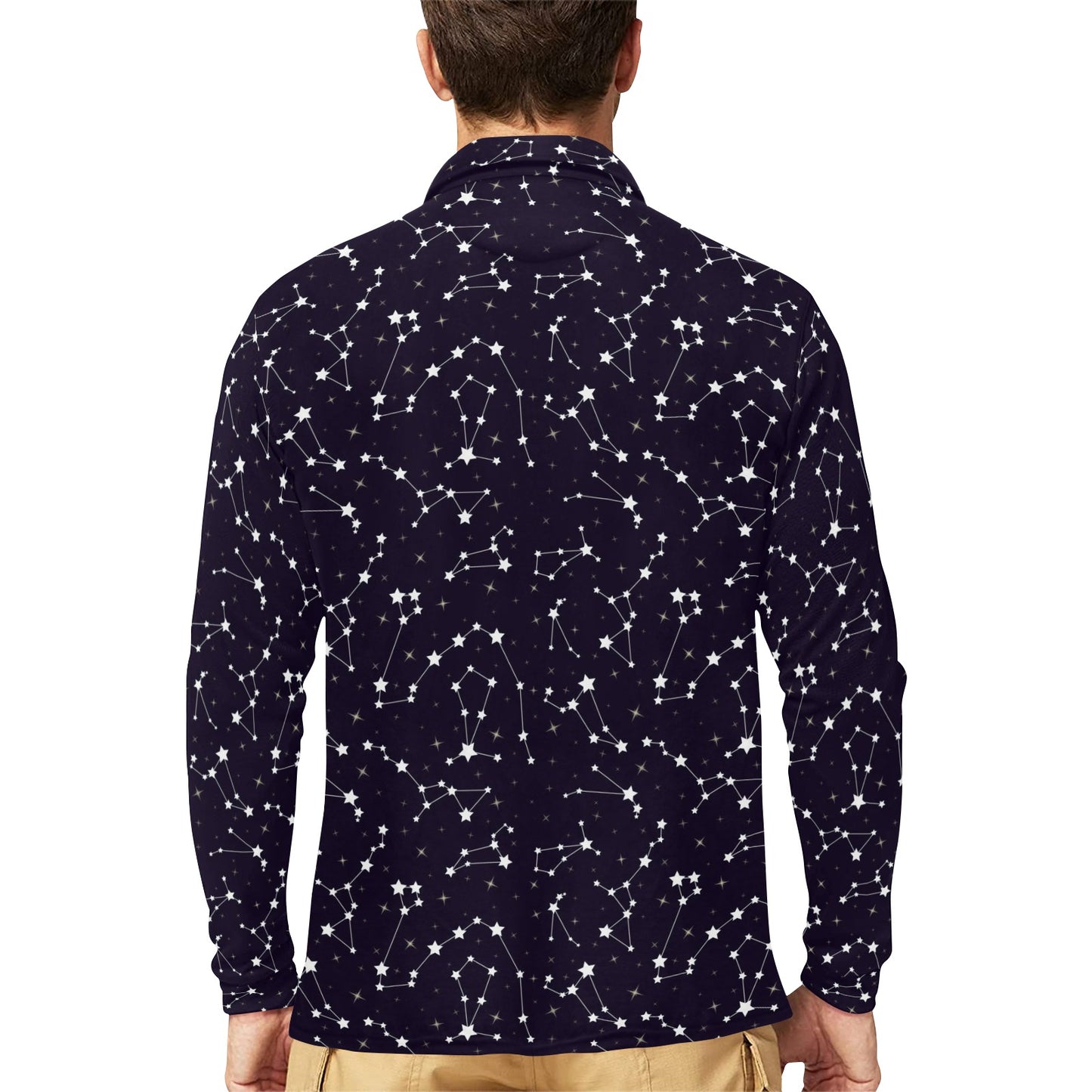 Zodiac Star Pattern Design Print Long Sleeve Polo Shirt For Men's