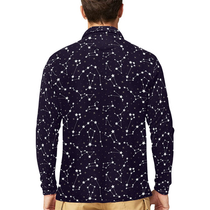 Zodiac Star Pattern Design Print Long Sleeve Polo Shirt For Men's