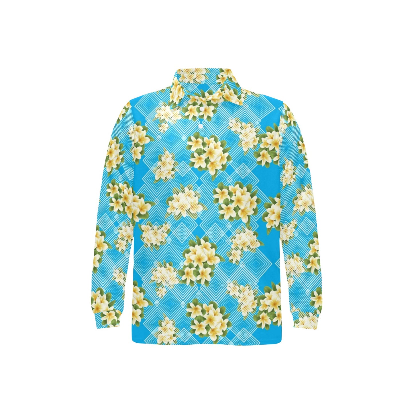 Yellow Plumeria Design Print Pattern Long Sleeve Polo Shirt For Men's