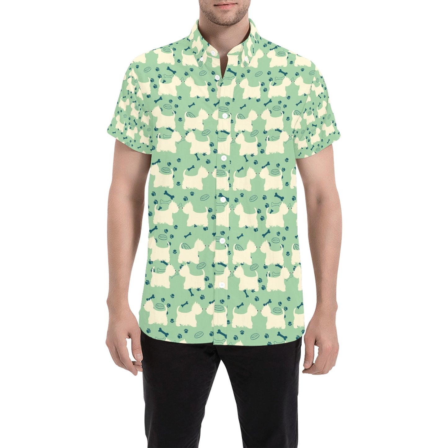 Scottish Terriers Print Design LKS302 Men Short Sleeve Button Up Shirt