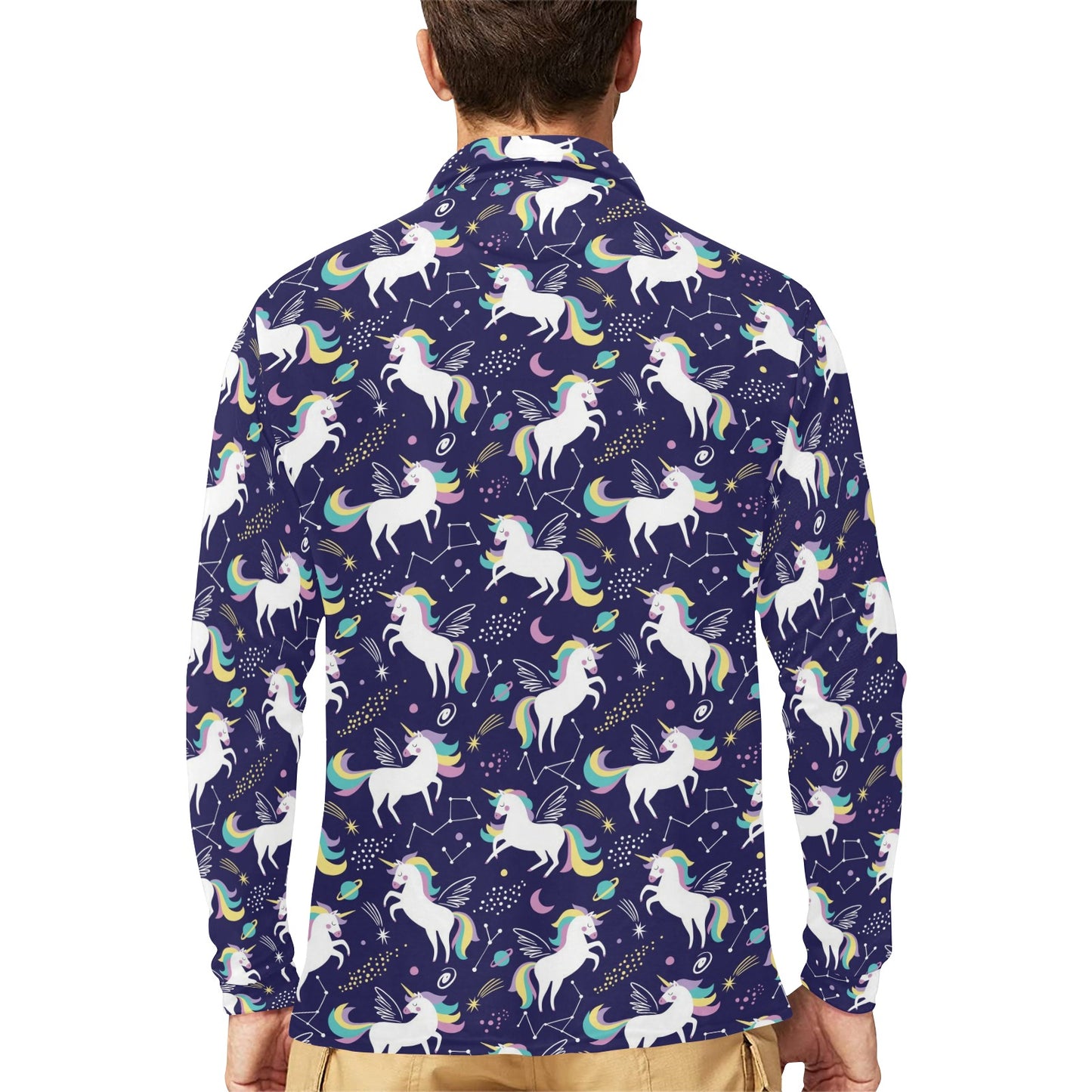 Unicorn Print Design LKS305 Long Sleeve Polo Shirt For Men's