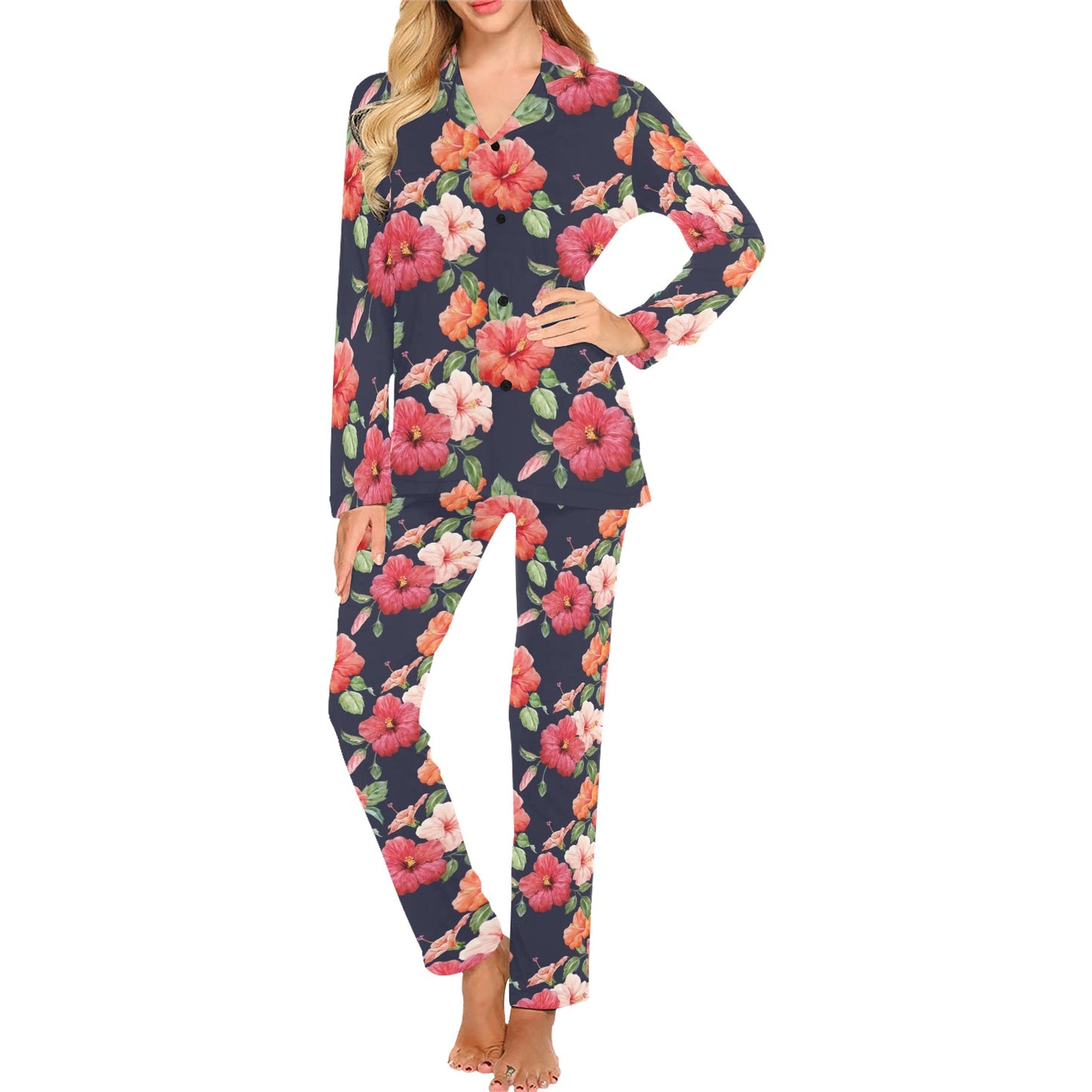 Tropical Flower Pattern Print Design TF020 Women's Long Pajama Set