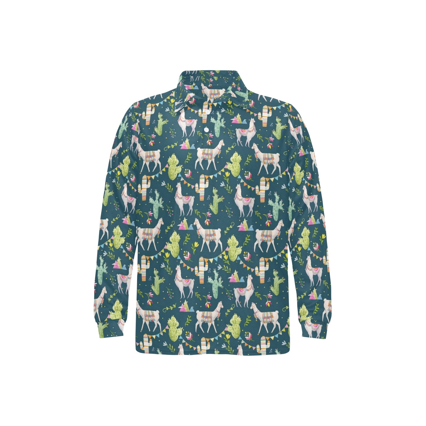 Llama with Cactus Design Print Long Sleeve Polo Shirt For Men's