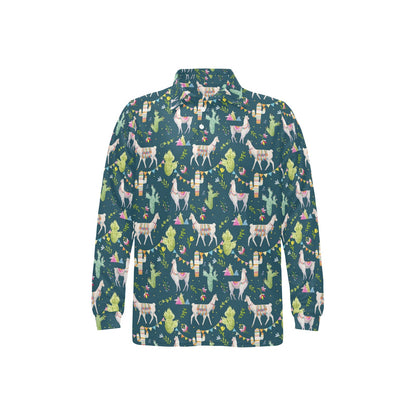Llama with Cactus Design Print Long Sleeve Polo Shirt For Men's