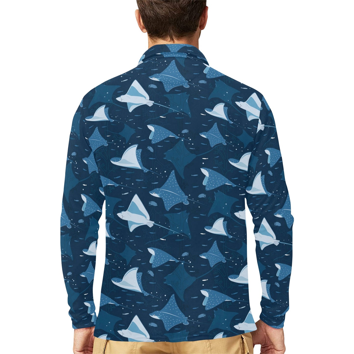 Manta Ray Pattern Print Design 02 Long Sleeve Polo Shirt For Men's