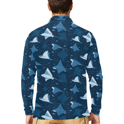 Manta Ray Pattern Print Design 02 Long Sleeve Polo Shirt For Men's