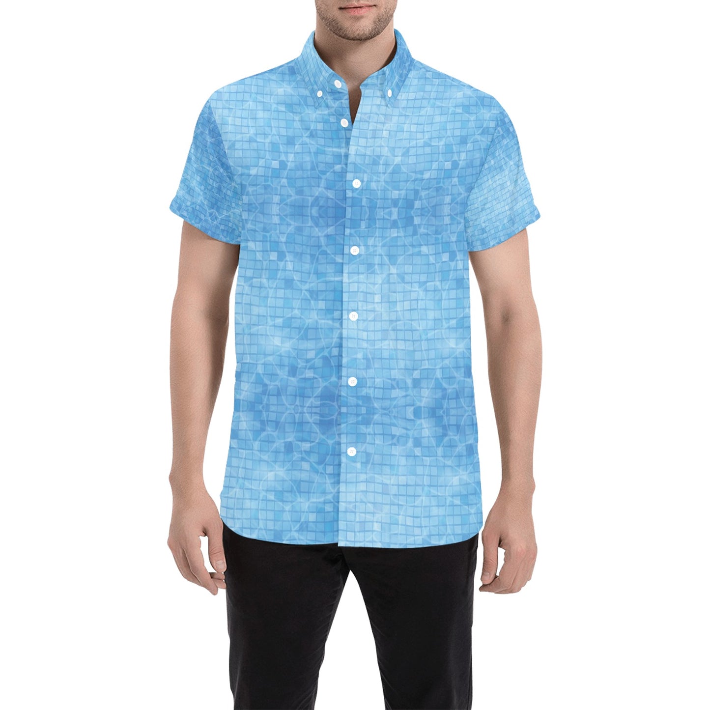 Swimming Pool Print Design LKS302 Men Short Sleeve Button Up Shirt