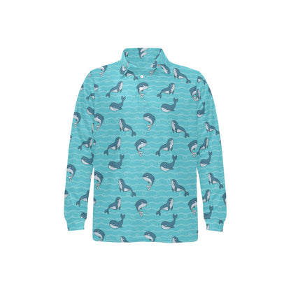 Whale Print Design LKS303 Long Sleeve Polo Shirt For Men's