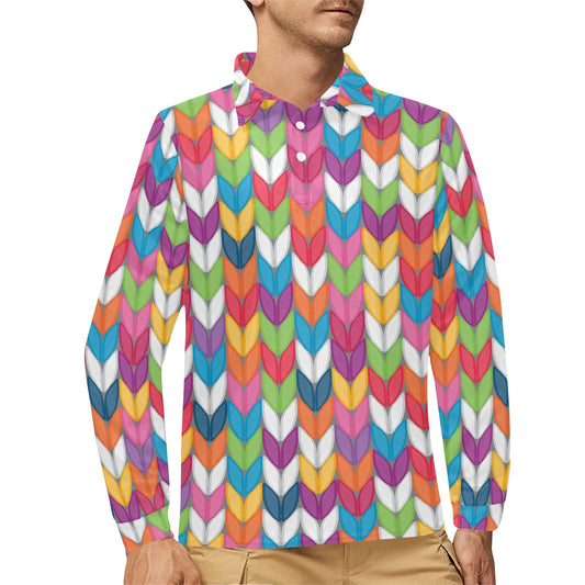 Knit Pattern Print Design 01 Long Sleeve Polo Shirt For Men's