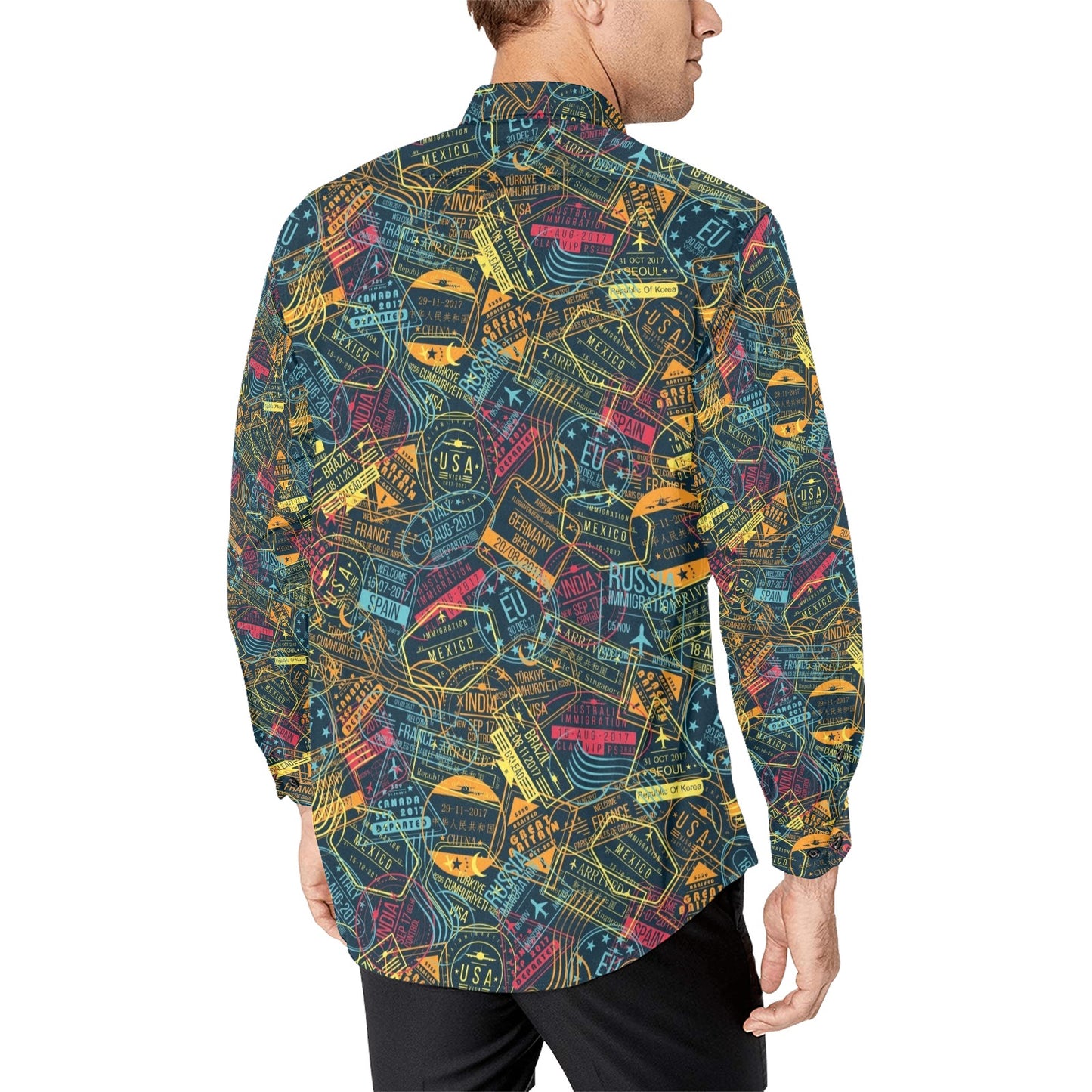 Travel Stamp Colorful Print Design LKS304 Men's Long Sleeve Dress Shirt