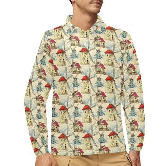 Windmill Pattern Print Design 01 Long Sleeve Polo Shirt For Men's