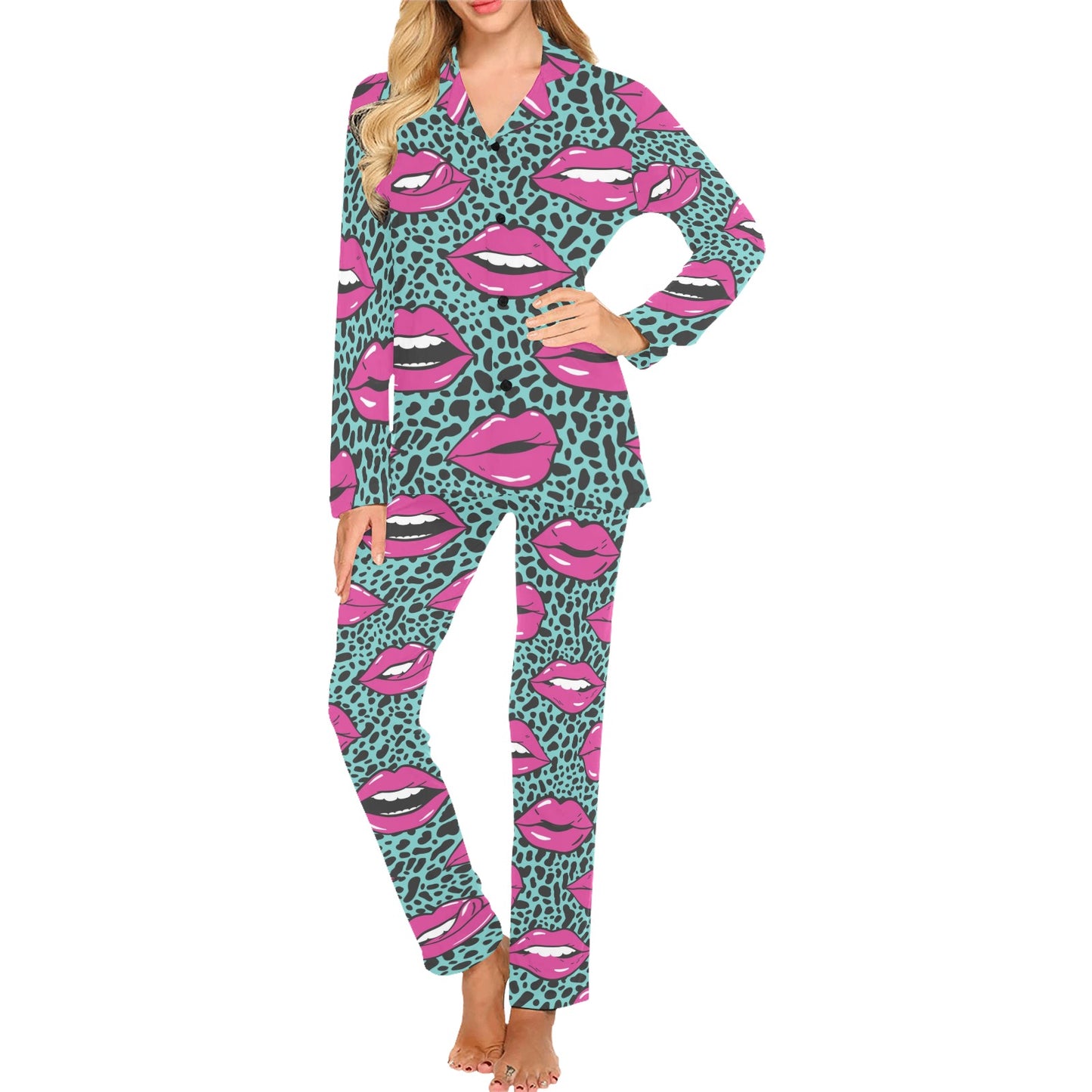 Lip Pattern Print Design 04 Women's Long Pajama Set
