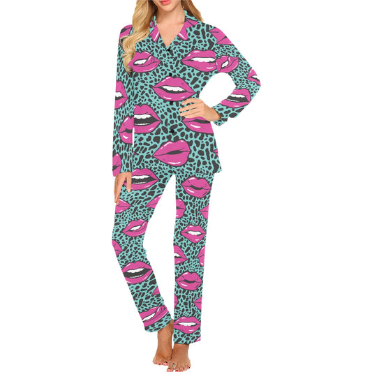 Lip Pattern Print Design 04 Women's Long Pajama Set