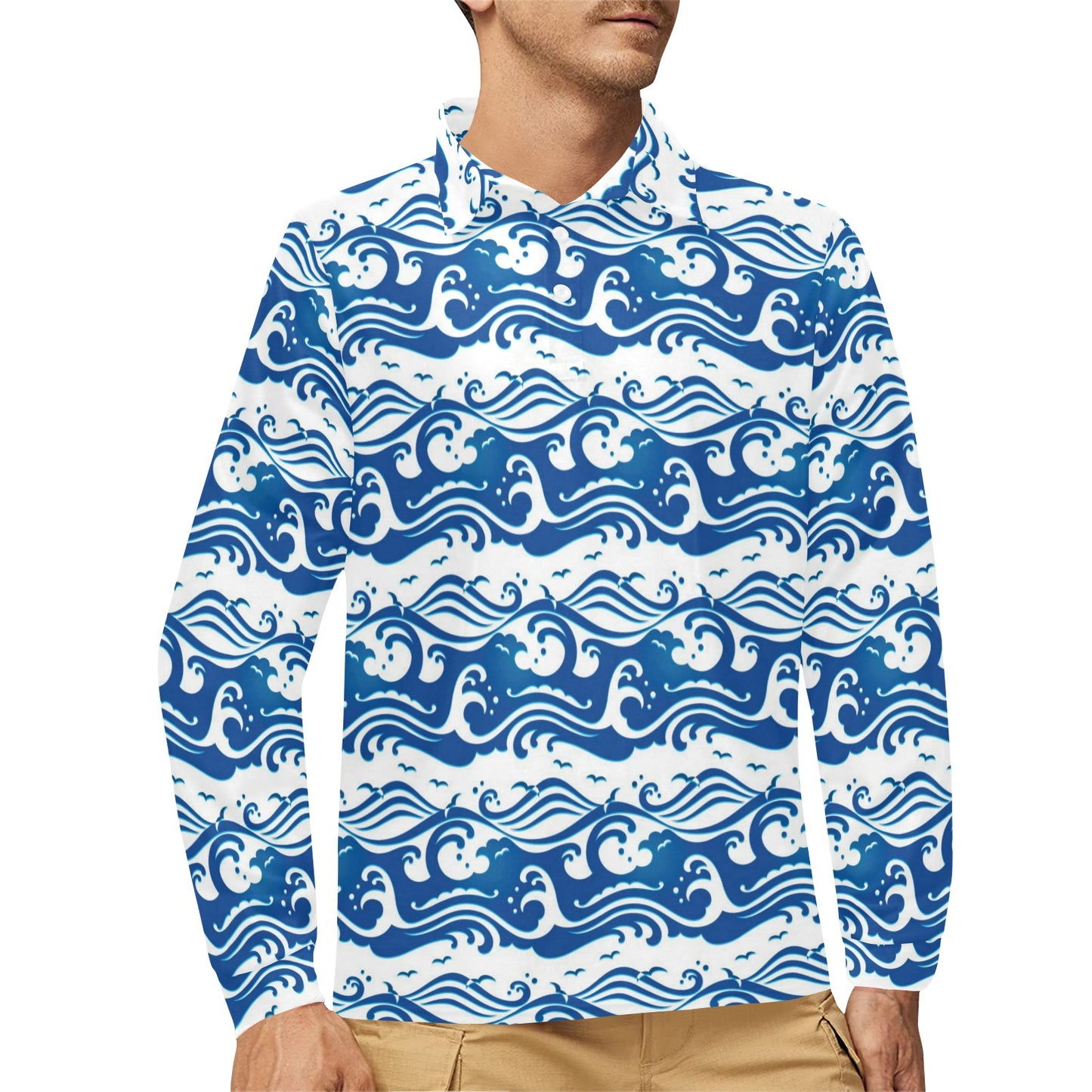 Wave Print Design LKS303 Long Sleeve Polo Shirt For Men's