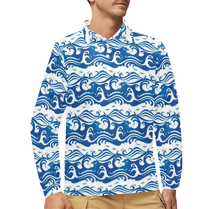 Wave Print Design LKS303 Long Sleeve Polo Shirt For Men's