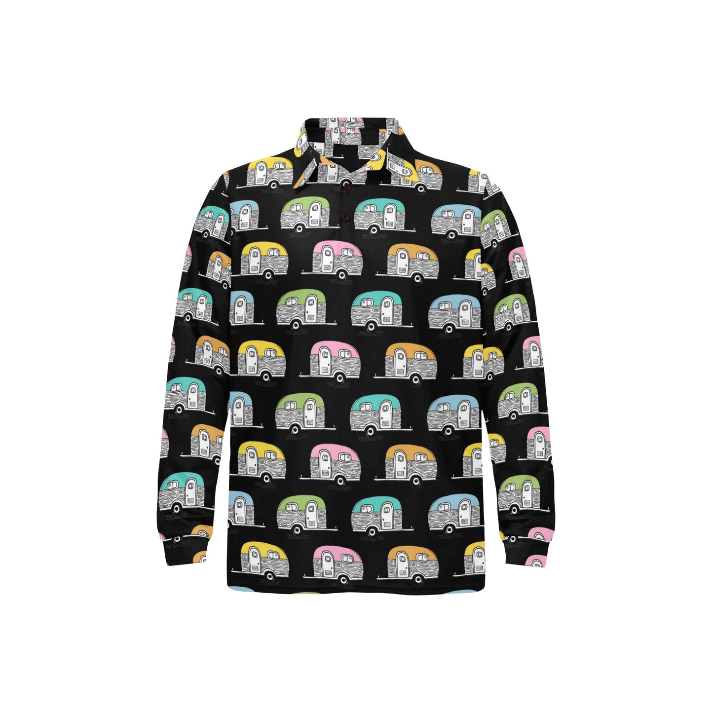 Camper Pattern Camping Themed No 2 Print Long Sleeve Polo Shirt For Men's
