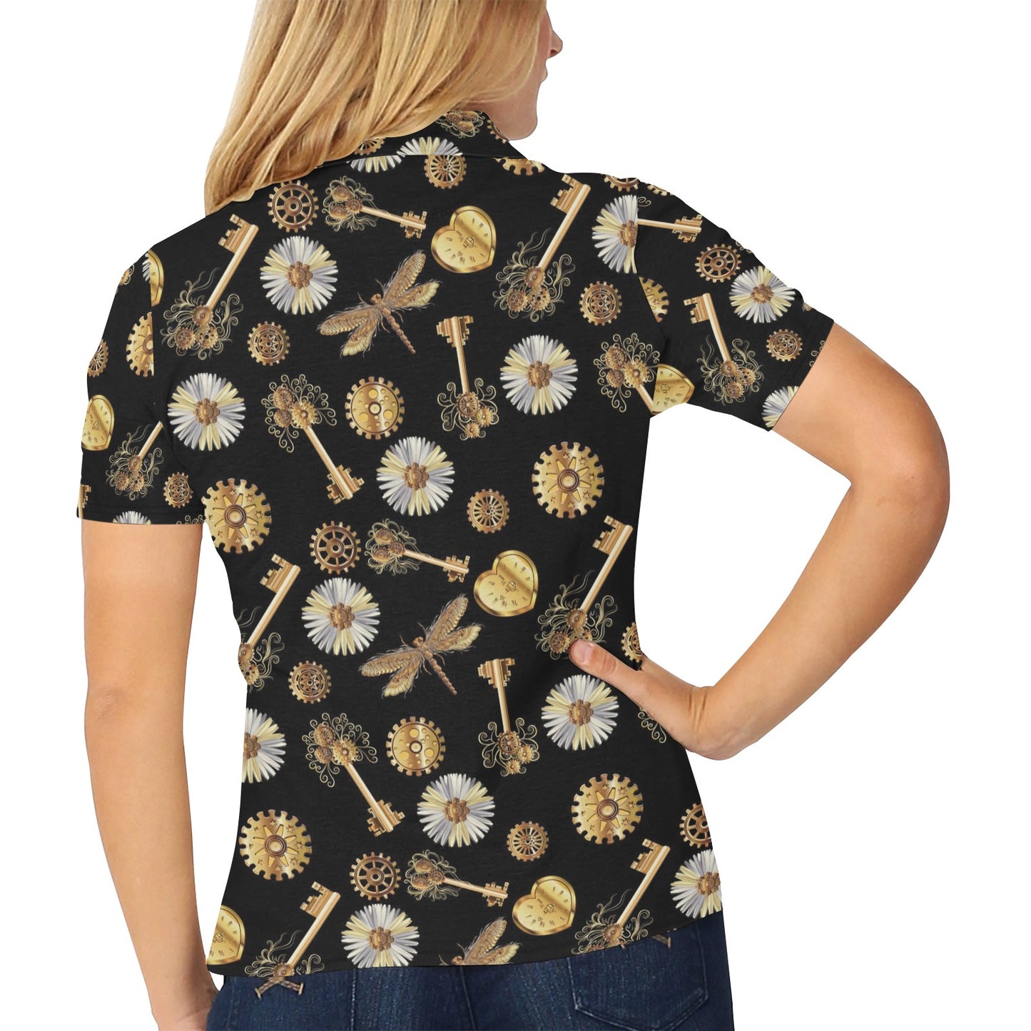 Steampunk Key Dragonfly Print Design LKS303 Women's Polo Shirt