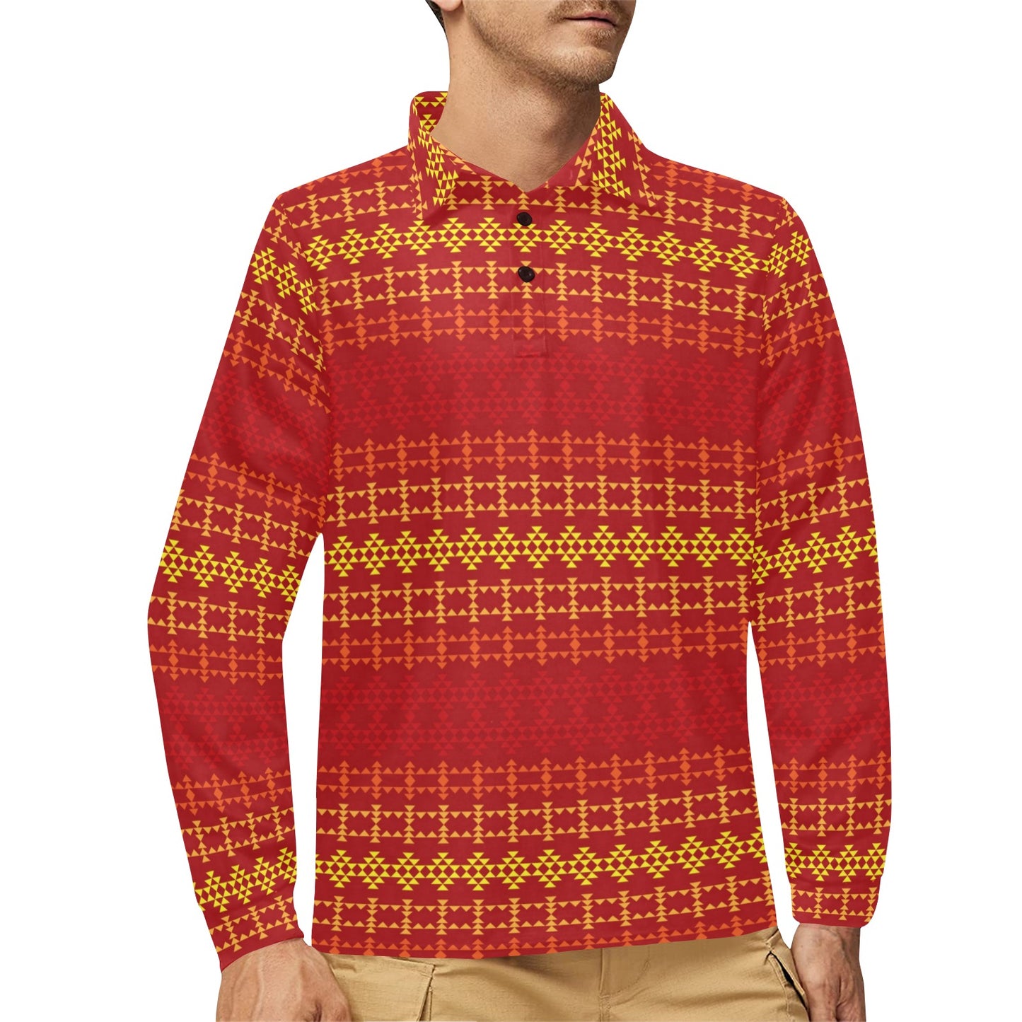 Southwest Red Gold Design Themed Print Long Sleeve Polo Shirt For Men's