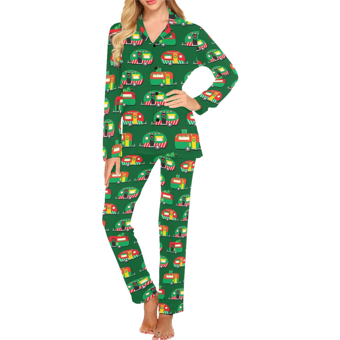Camper Camping Christmas Themed Print Women's Long Pajama Set