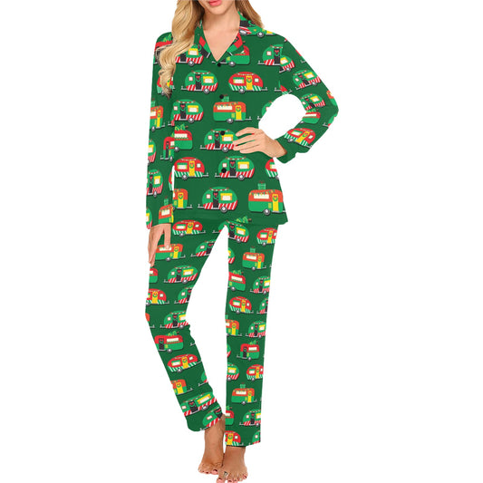 Camper Camping Christmas Themed Print Women's Long Pajama Set