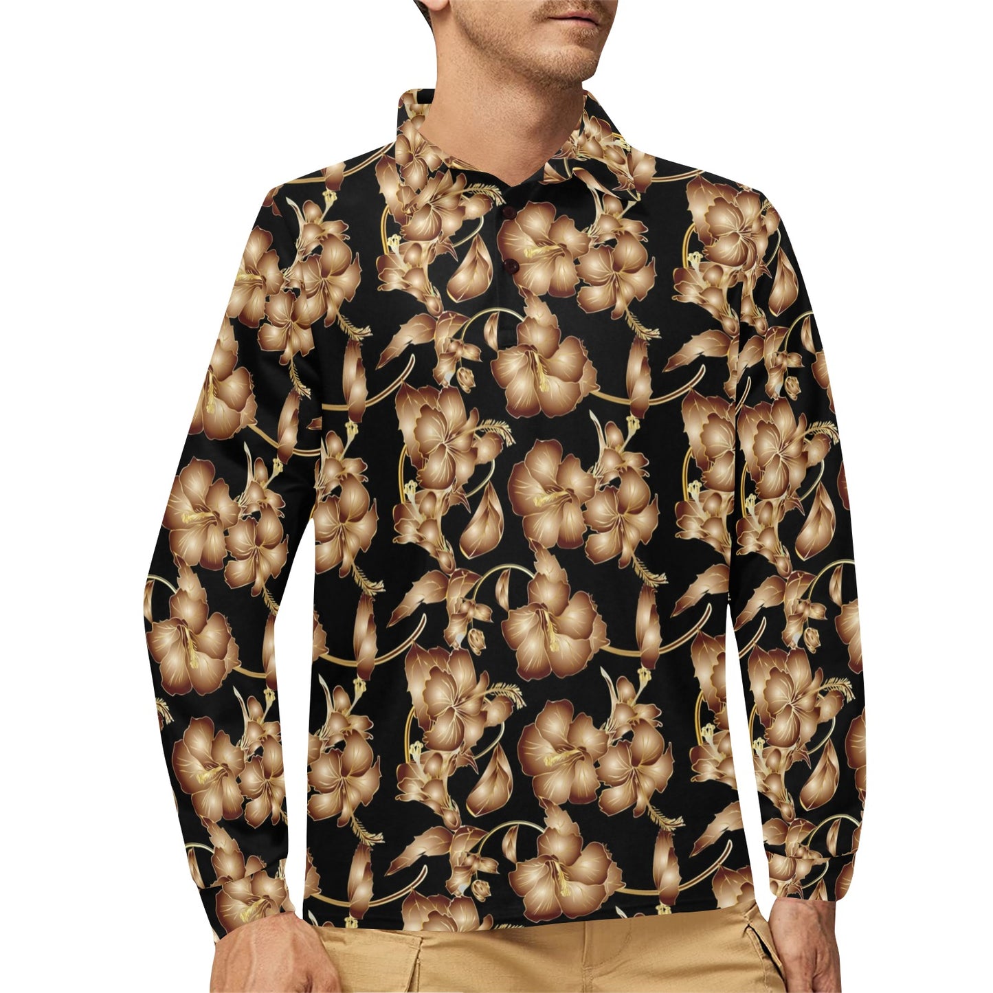 Brown Hibiscus Pattern Print Design HB06 Long Sleeve Polo Shirt For Men's