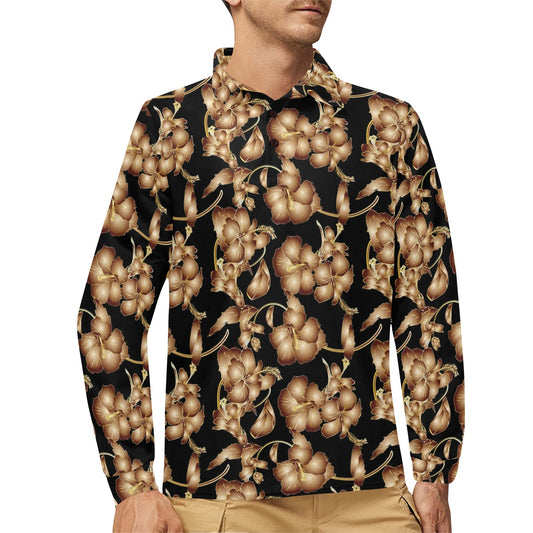Brown Hibiscus Pattern Print Design HB06 Long Sleeve Polo Shirt For Men's