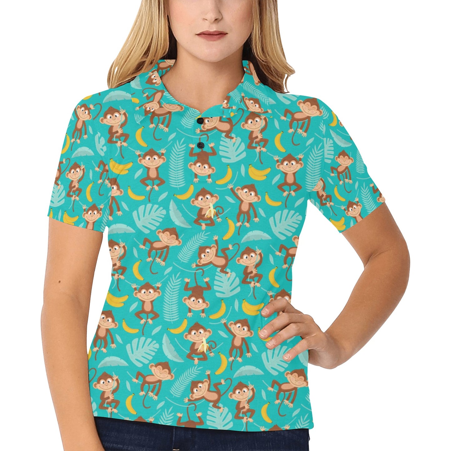 Monkey Happy Design Themed Print Women's Polo Shirt