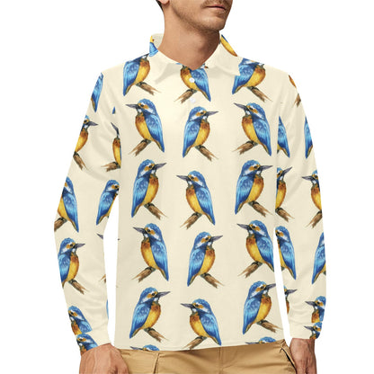 Kingfisher Pattern Print Design 01 Long Sleeve Polo Shirt For Men's