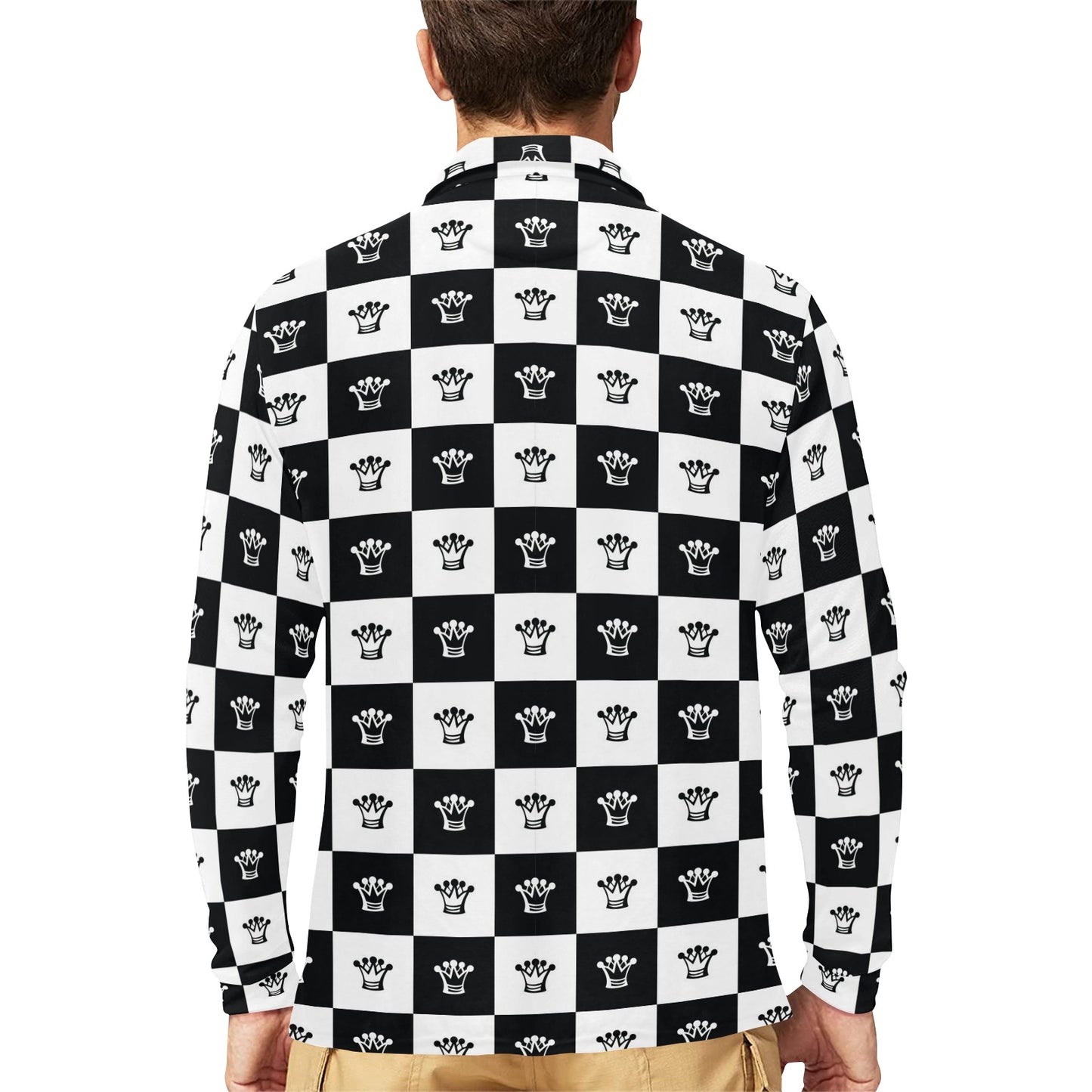 Checkered Flag Crown Pattern Long Sleeve Polo Shirt For Men's