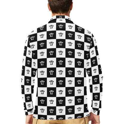 Checkered Flag Crown Pattern Long Sleeve Polo Shirt For Men's