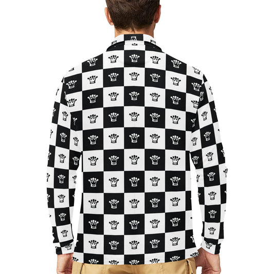 Checkered Flag Crown Pattern Long Sleeve Polo Shirt For Men's