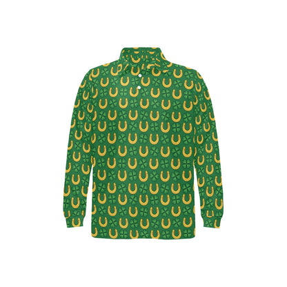 Shamrock Horseshoes Print Pattern Long Sleeve Polo Shirt For Men's