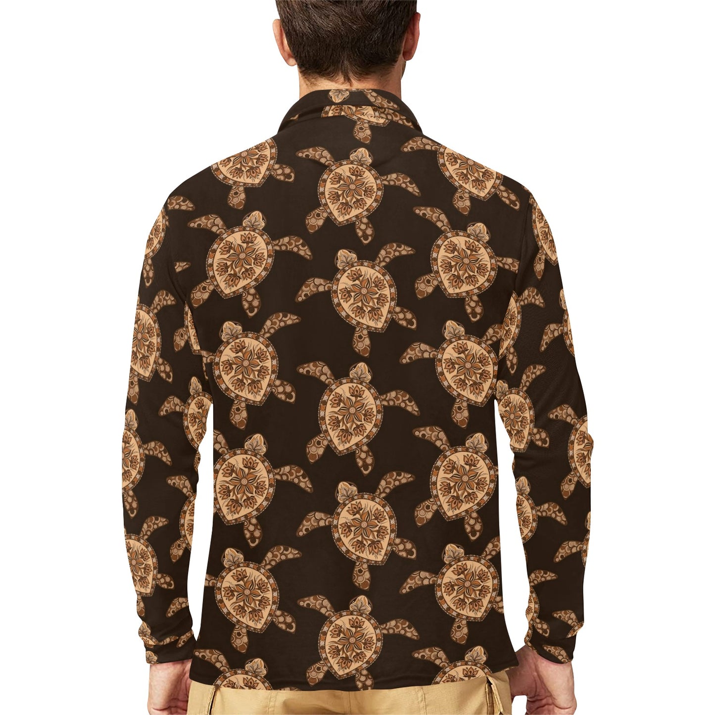 Tribal Sea Turtle Pattern Print Design T09 Long Sleeve Polo Shirt For Men's